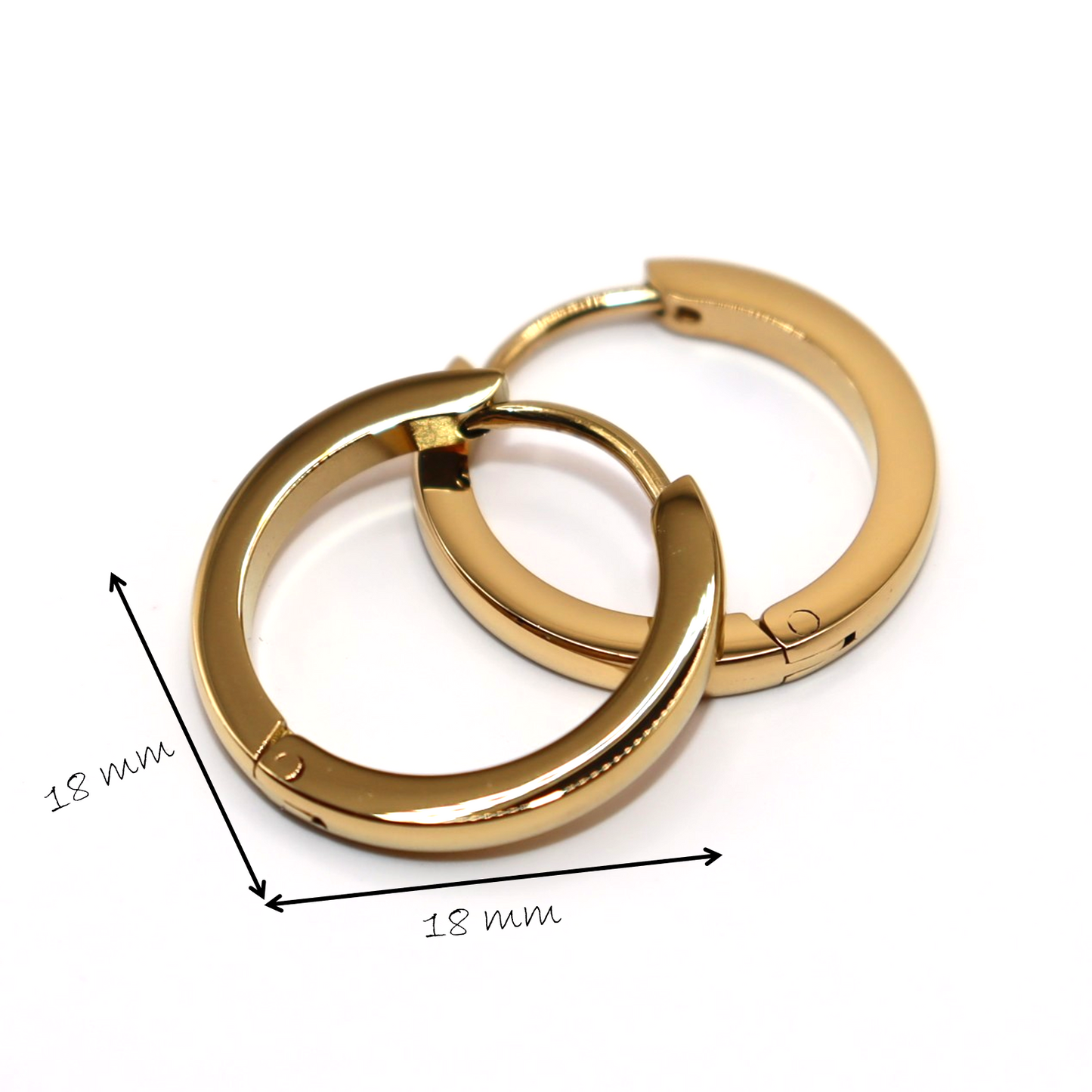 Gold hoop earrings with dimensions on a white background