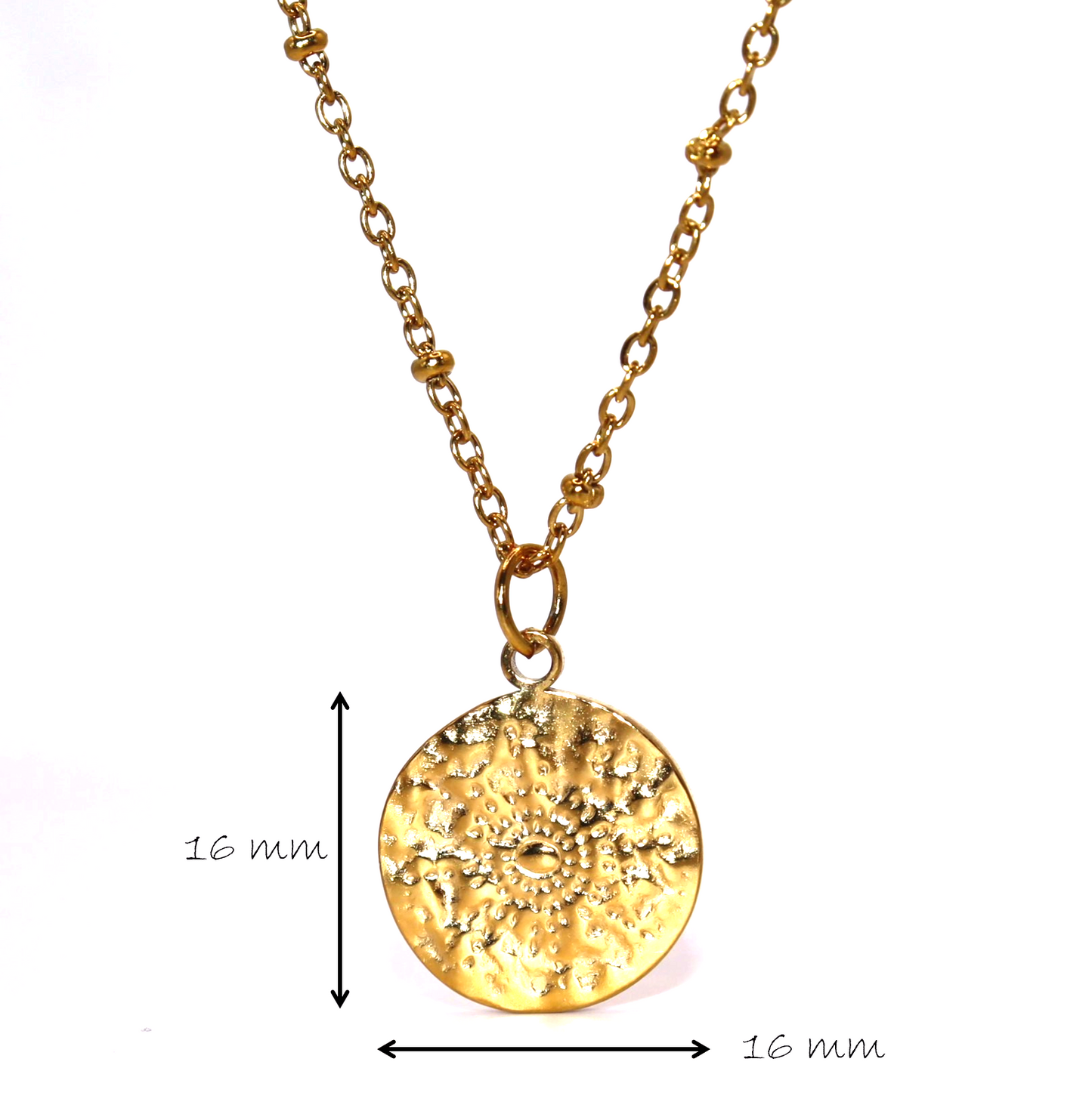 Gold necklace measurements with a round pendant on a white background