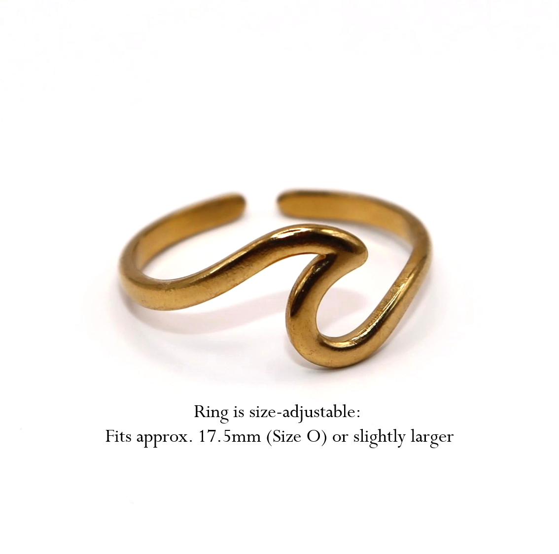 Gold adjustable ring on a white background with measurements