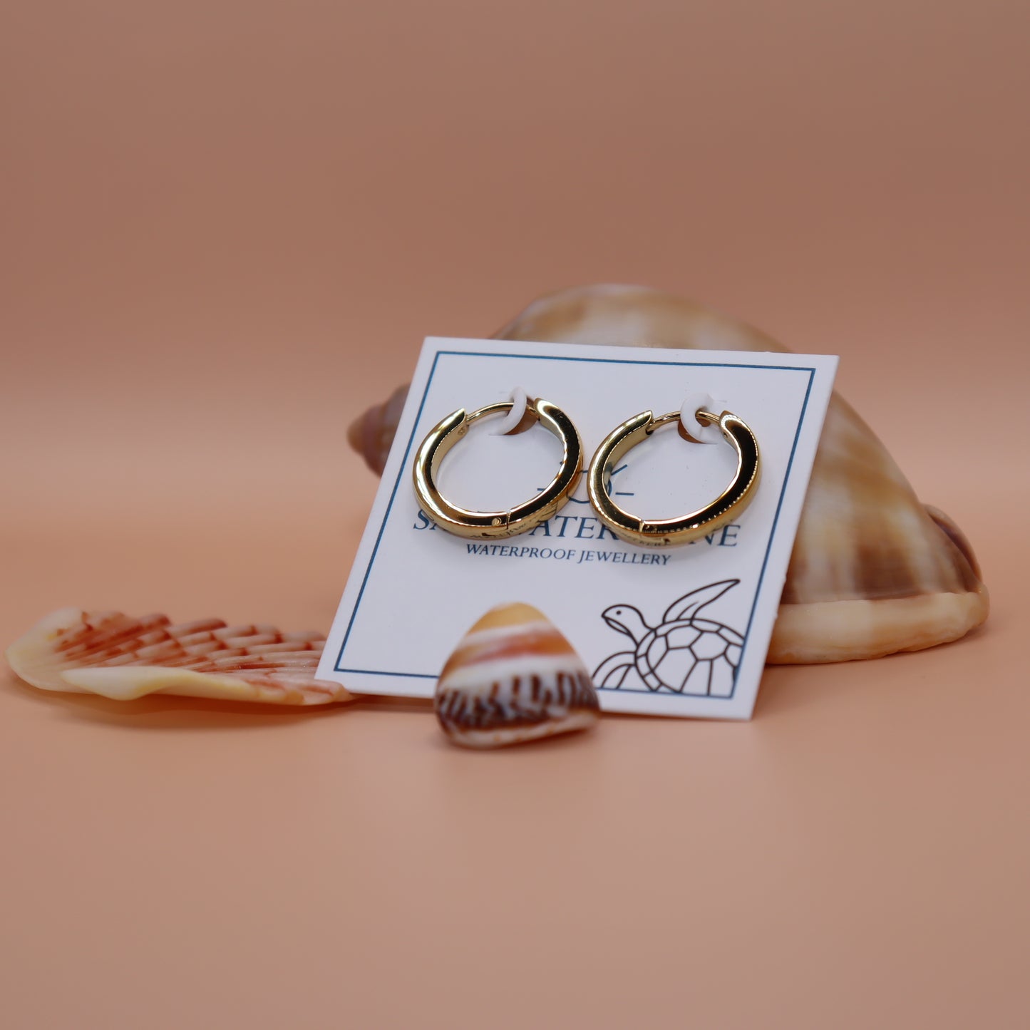 Gold hoop earrings on a card with seashells on a peach background