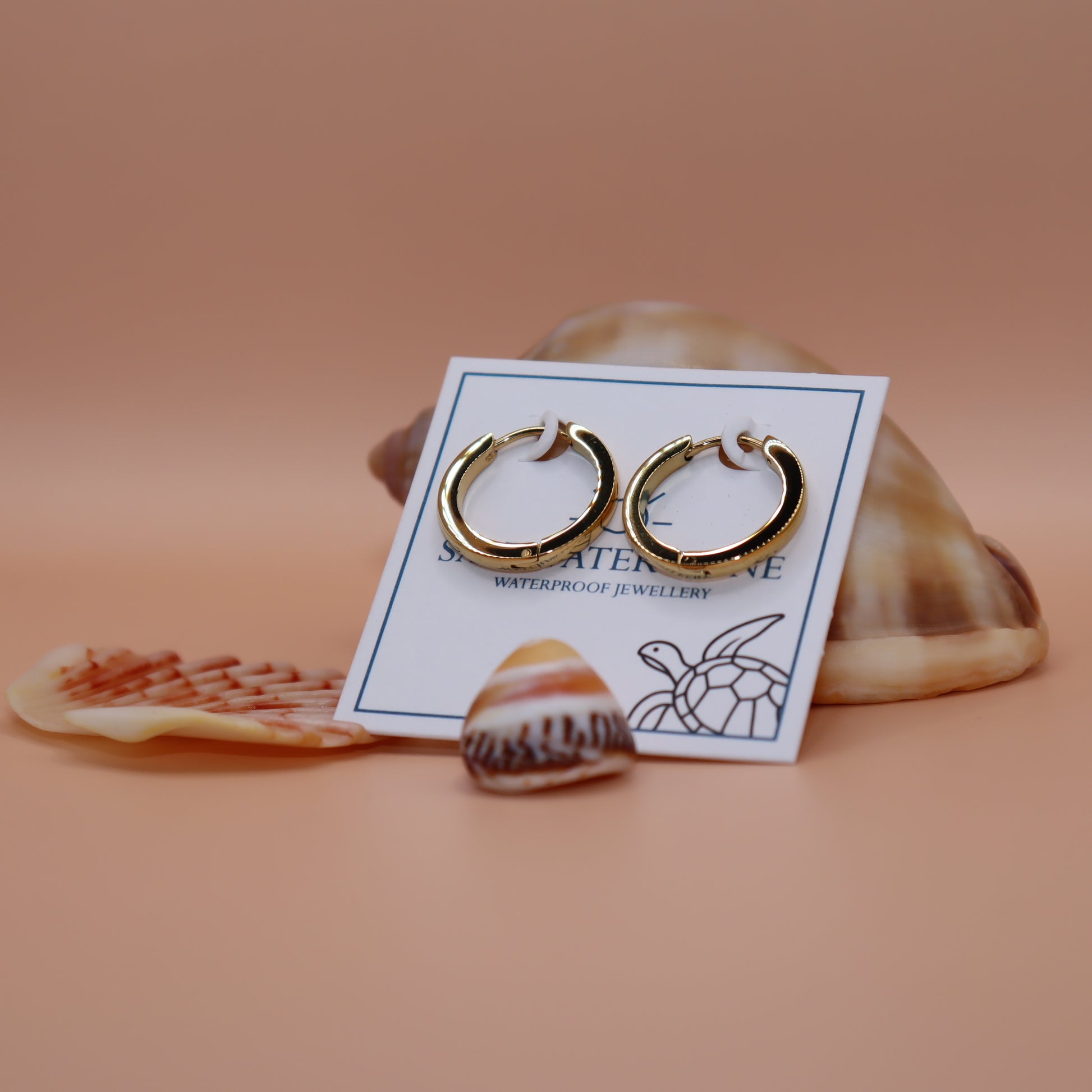 Gold hoop earrings on a card with seashells on a peach background