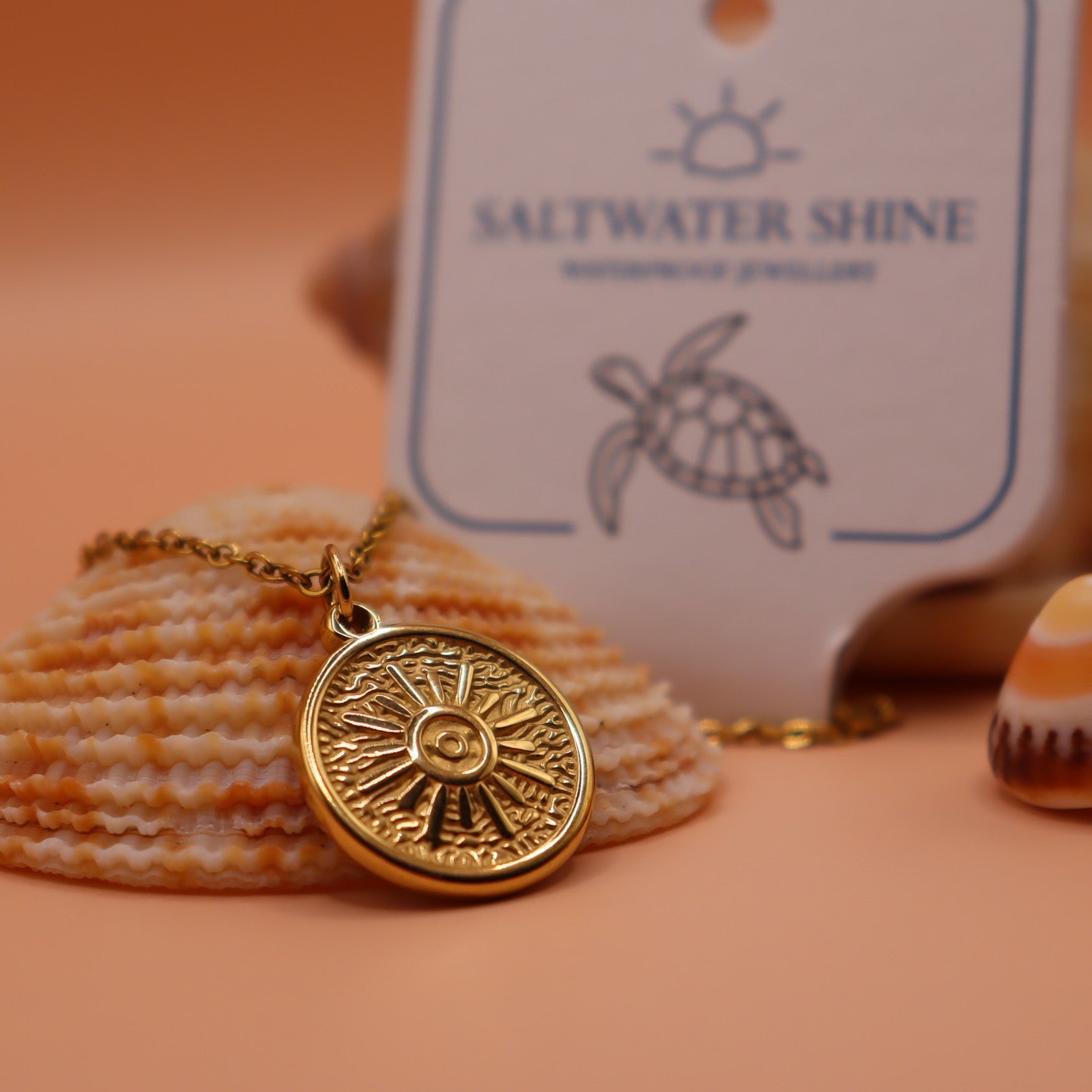Gold necklace with a decorative pendant on a peach background with 'Saltwater Shine' packaging.