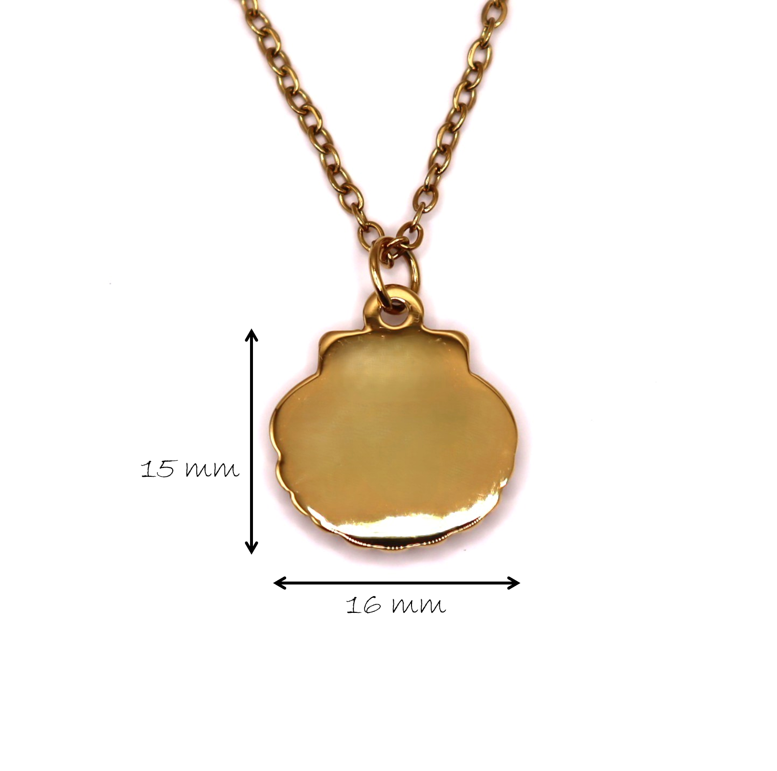 Gold necklace with a pendant on a white background with measurements 