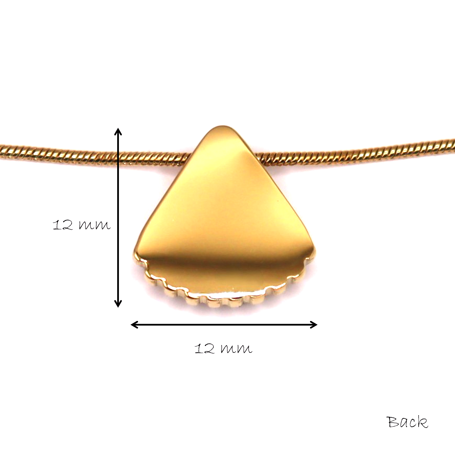 Back of a gold shell pendant with measurements on a white background