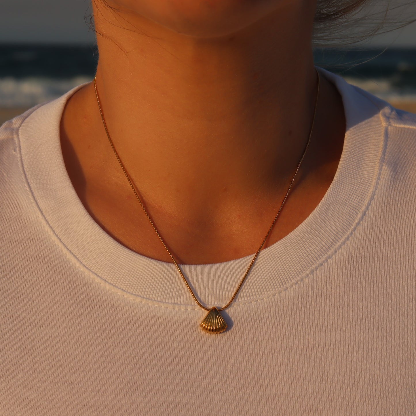Person wearing a gold necklace with a shell pendant against a blurred NSW beach background