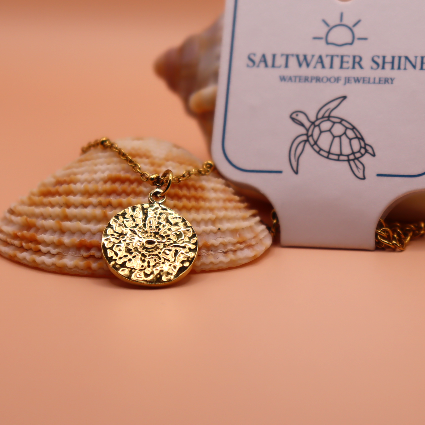 Gold necklace with textured pendant on a shell and 'Saltwater Shine' packaging.