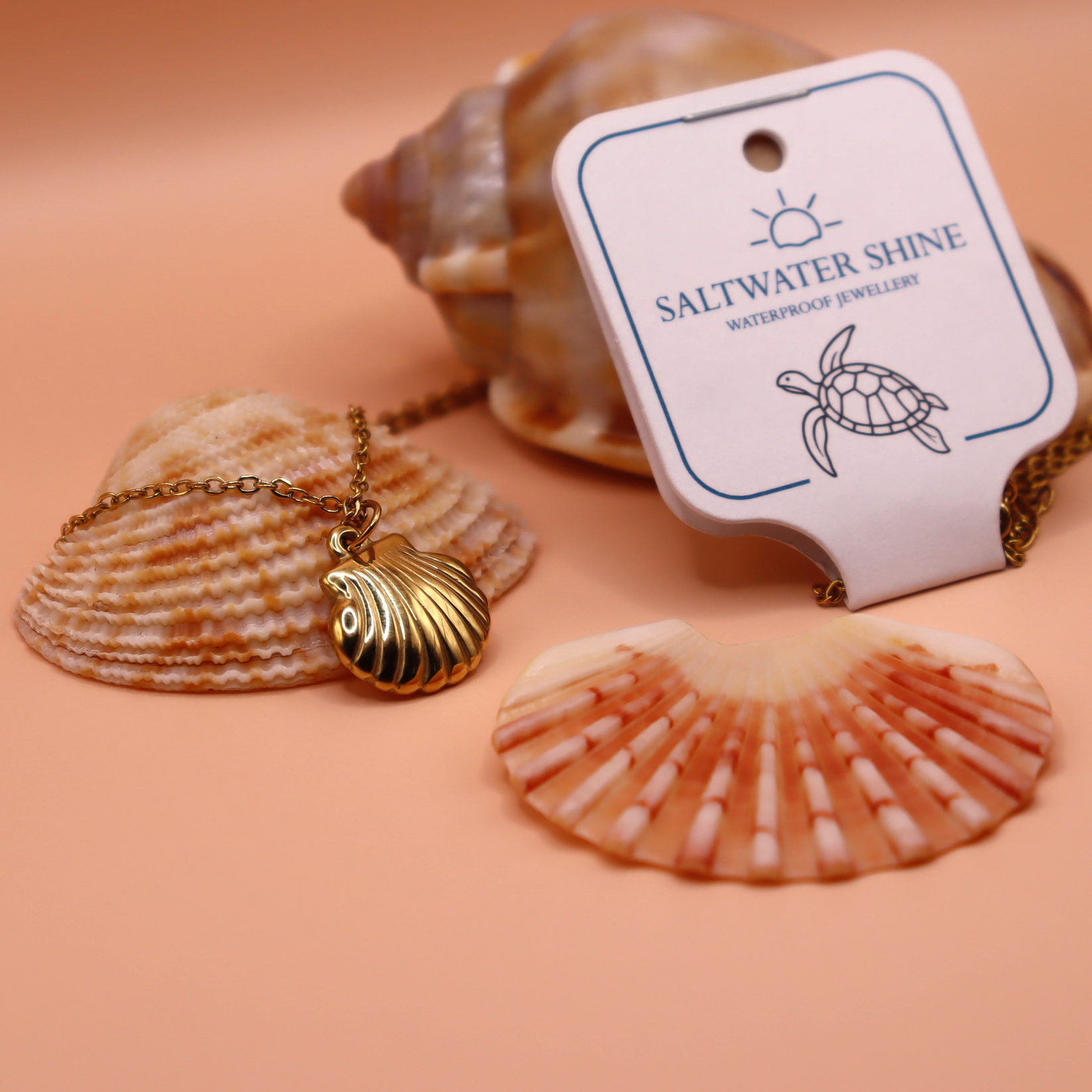 Gold shell pendant necklace with 'Saltwater Shine' tag on a peach background