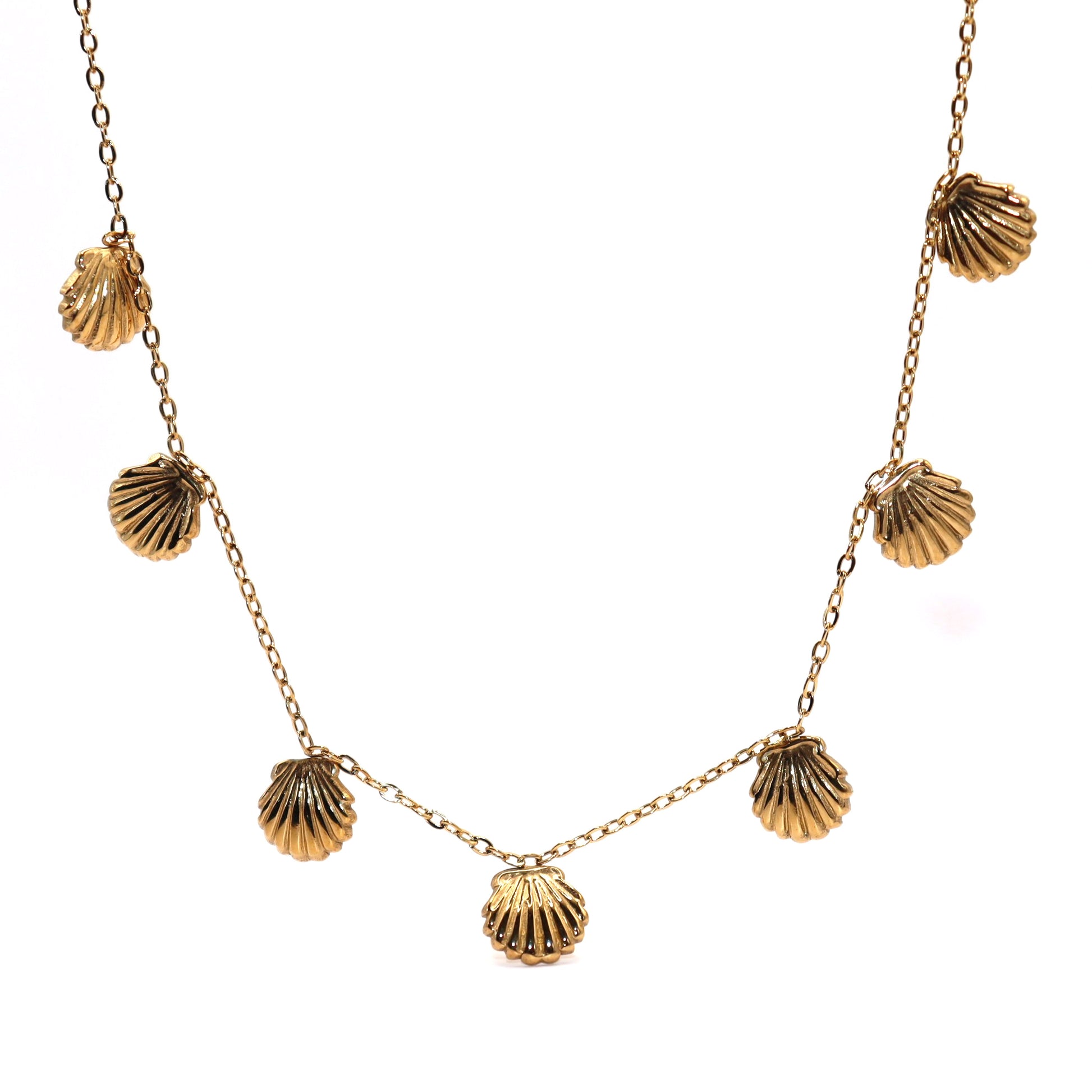 Gold necklace with shell-shaped pendants on a white background