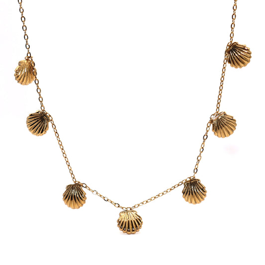 Gold necklace with shell-shaped pendants on a white background