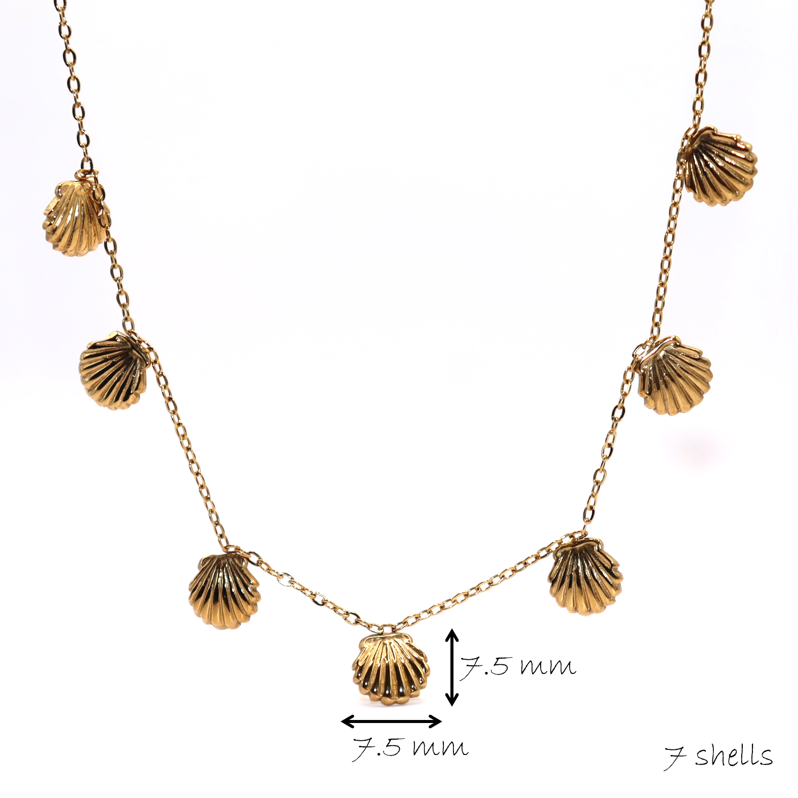 Gold necklace with 7 shell pendants on a white background