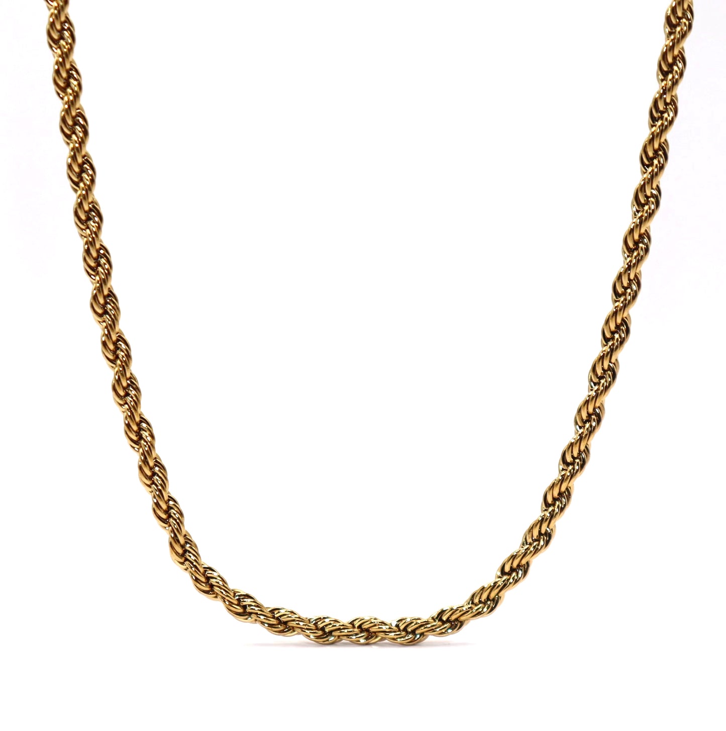 Gold rope chain necklace on a white background