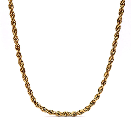 Gold rope chain necklace on a white background