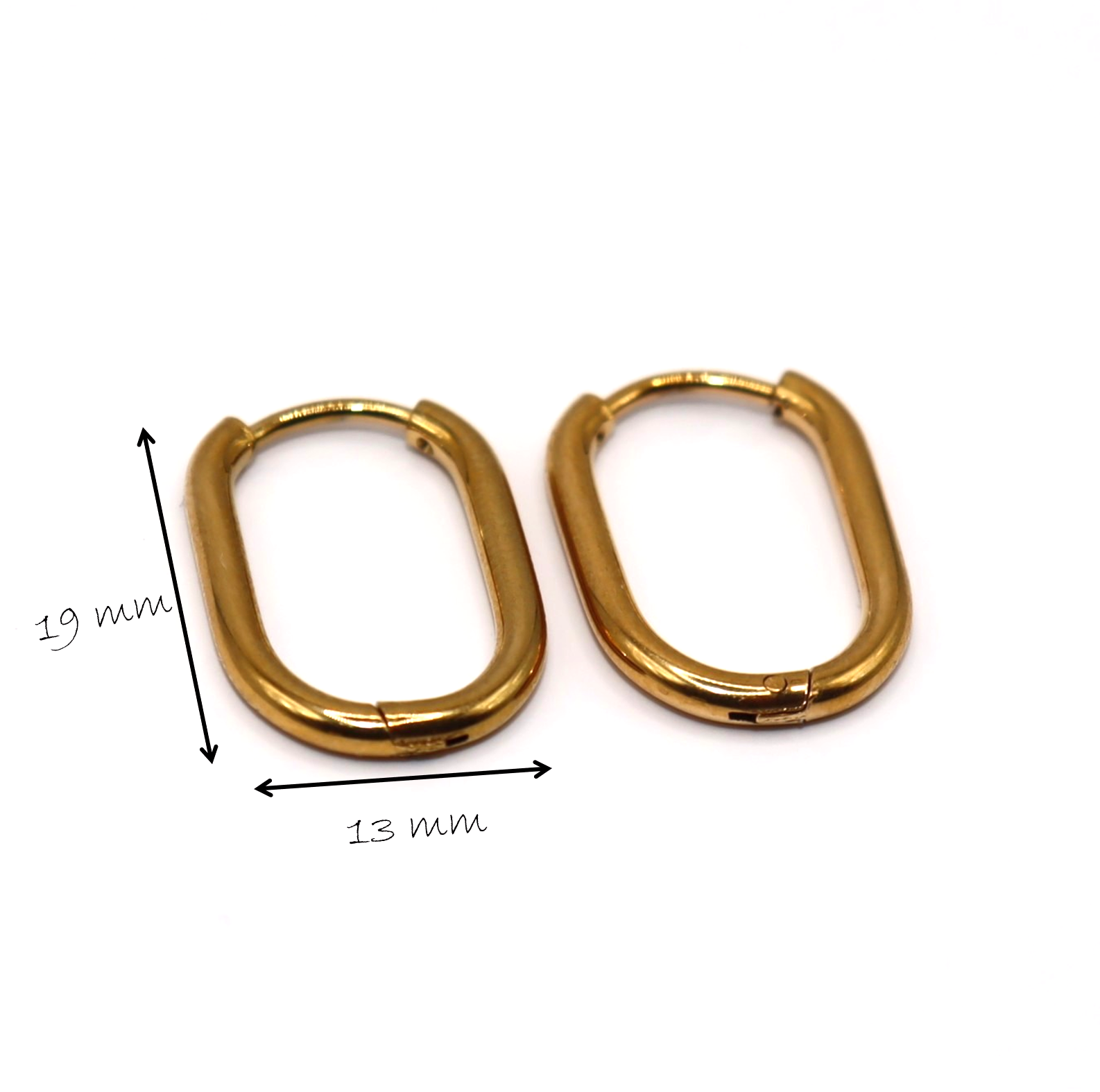 Gold hoop earrings with measurements on a white background