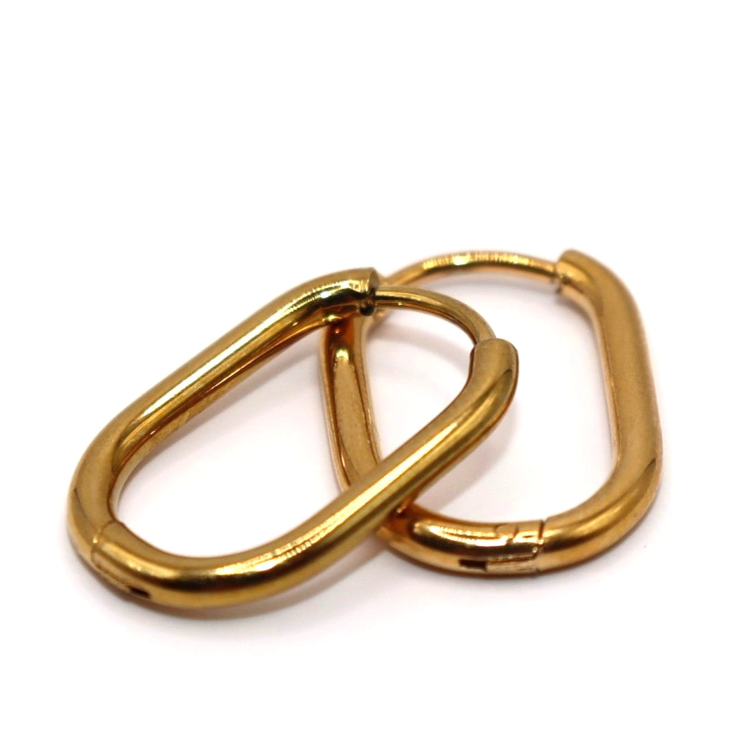 Pair of gold hoop earrings on a white background