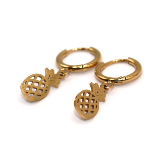 Gold pineapple-shaped hoop earrings on a white background