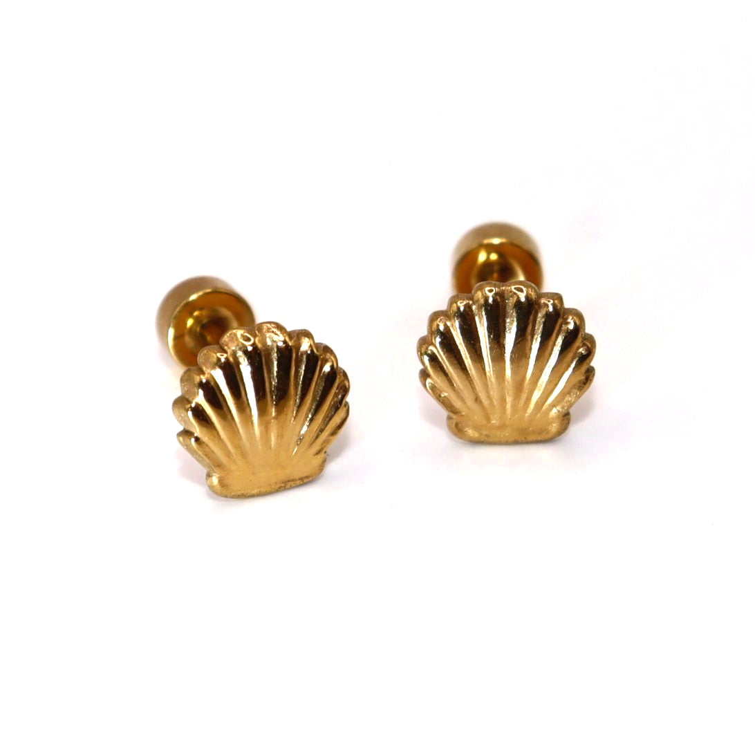 Gold shell-shaped earrings on a white background