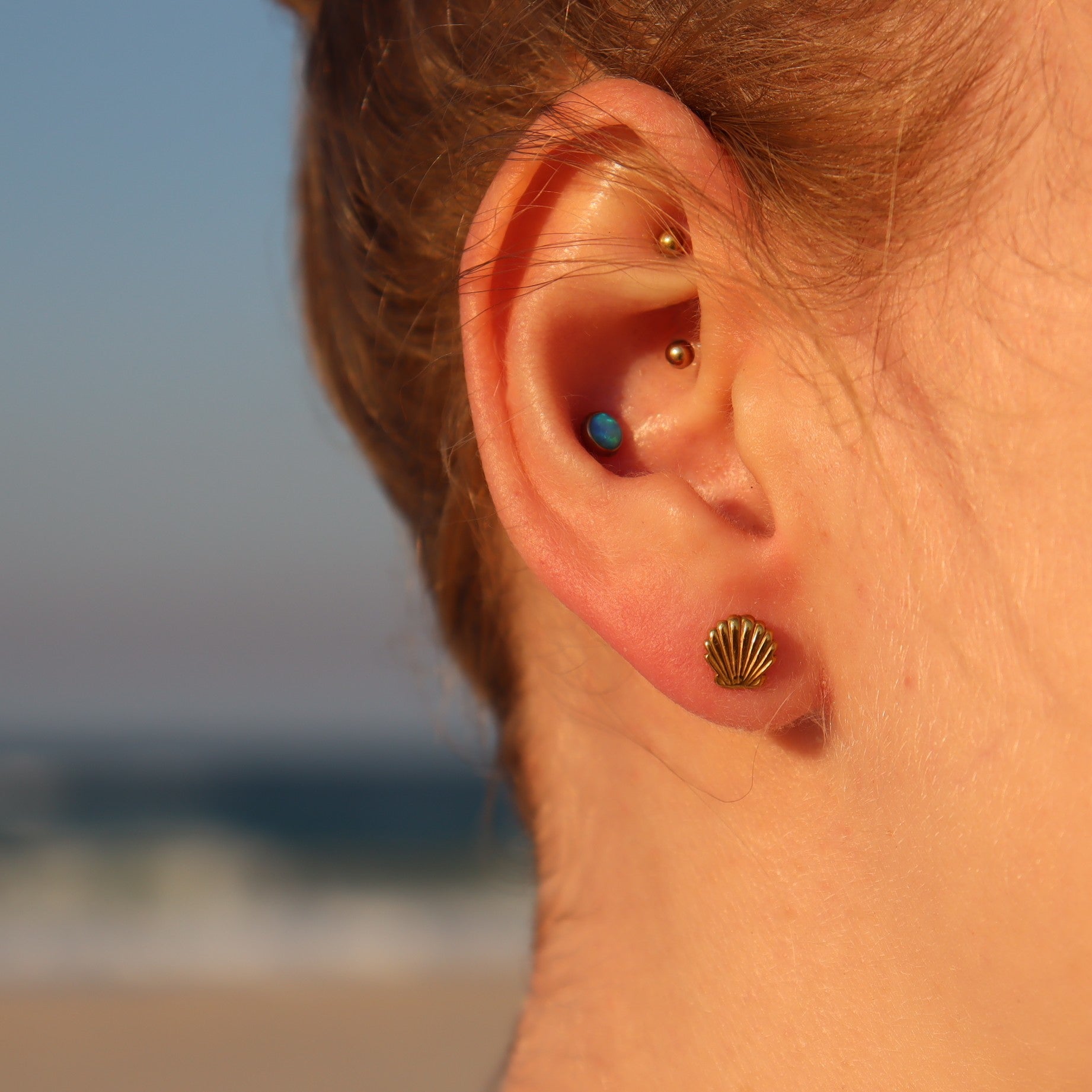 Close-up of an ear with multiple earrings, one of the shell stud, set against a blurred beach background