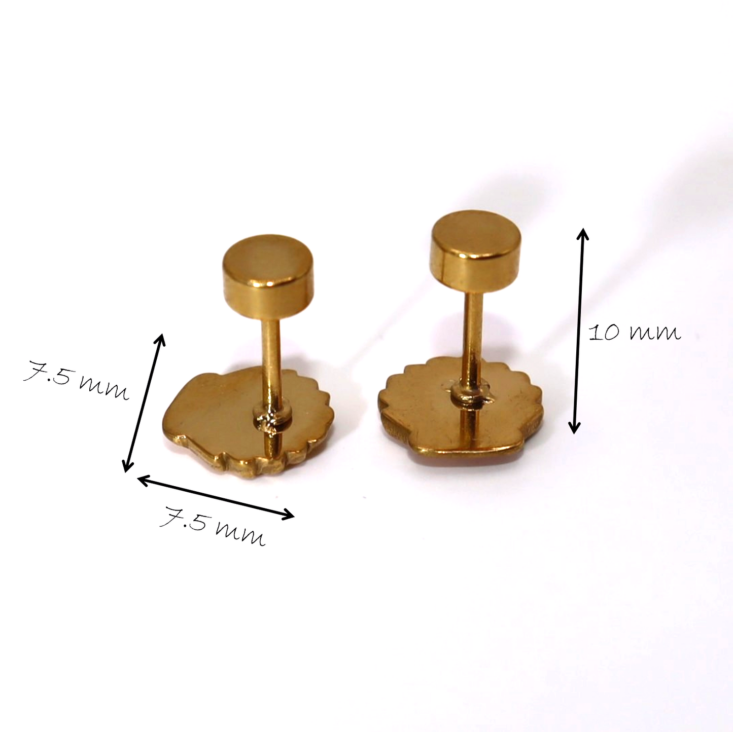 Pair of gold earrings with measurements on a white background