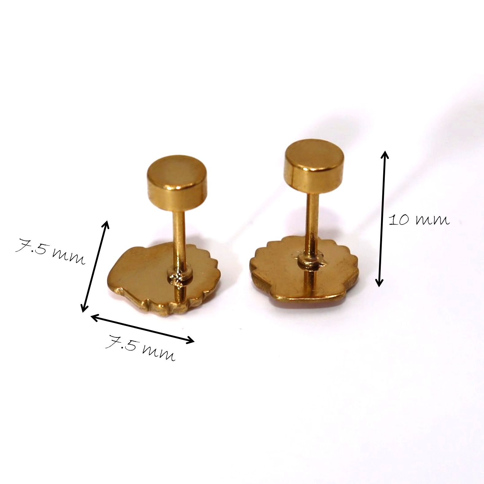 Pair of gold earrings with measurements on a white background
