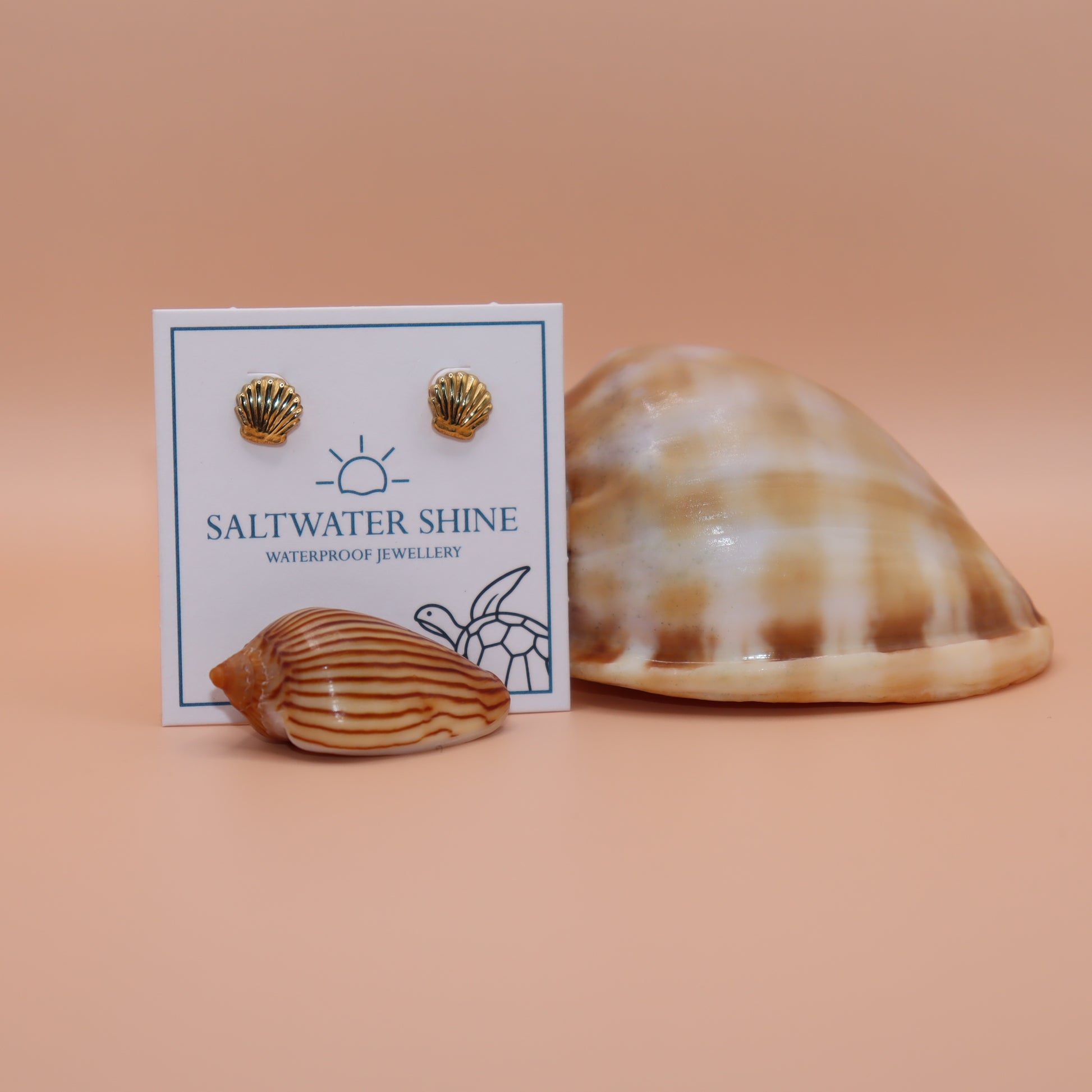 Gold shell earrings on a 'Saltwater Shine' card with two shells on a peach background