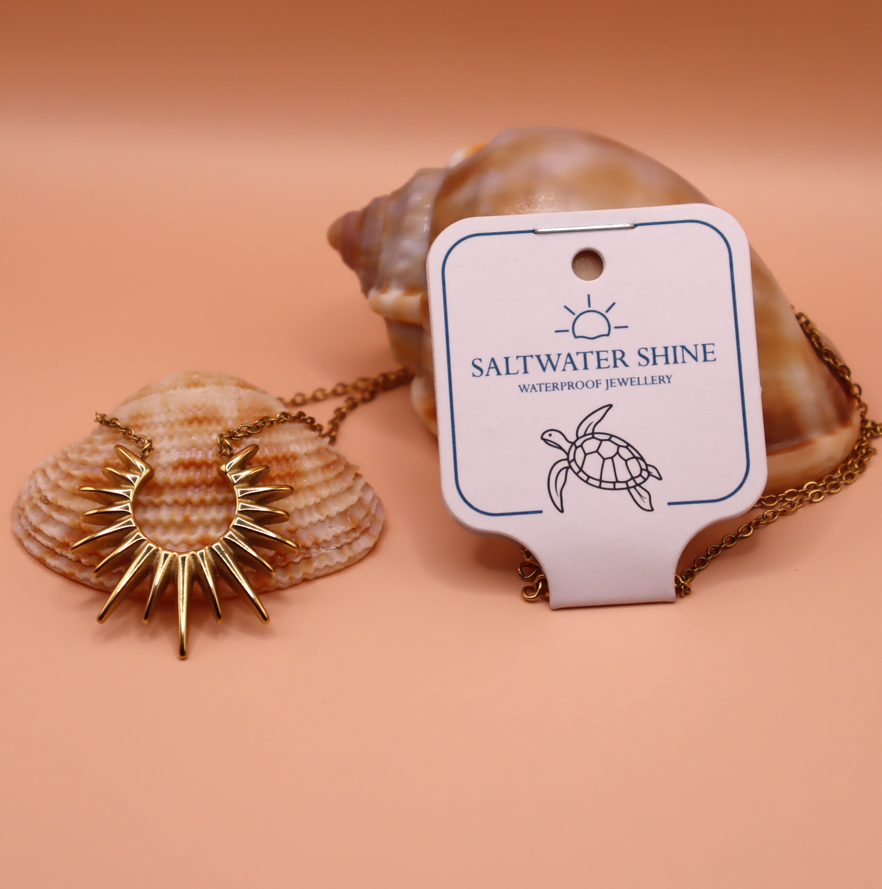Gold necklace with 'Saltwater Shine' tag on a peach background