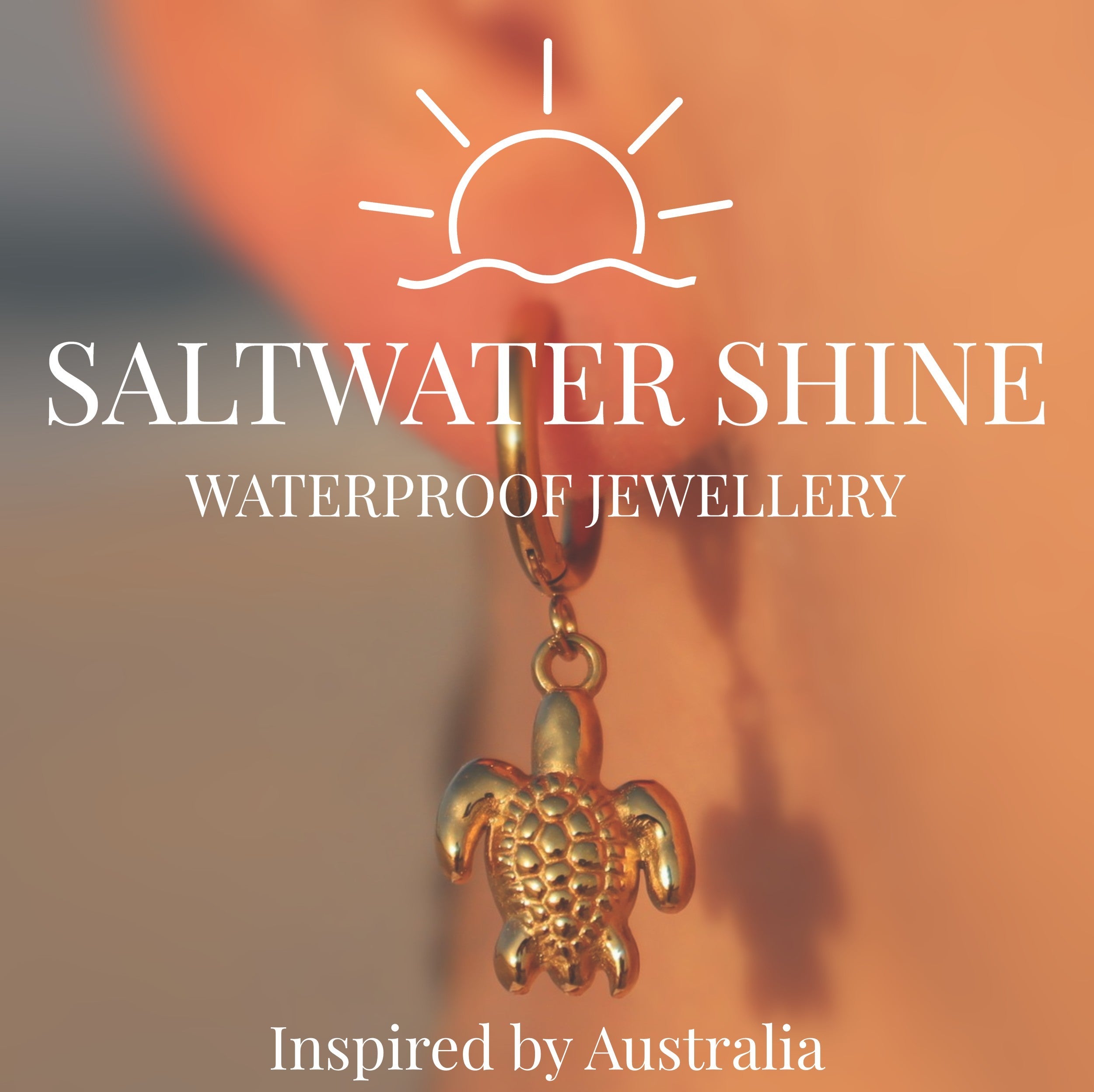 artistic photo of turtle earring on a lady at the beach, with white font logo over the top