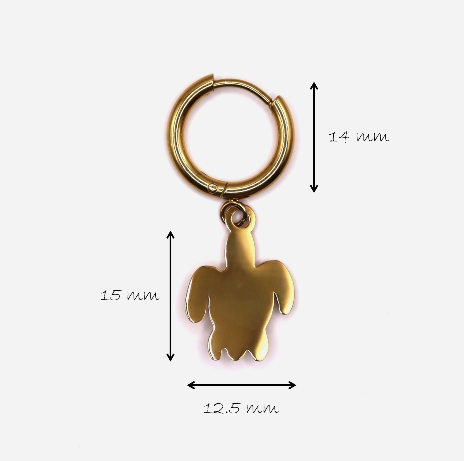 Gold hoop earring with turtle and measurements on a white background