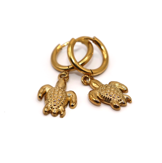 Gold turtle-shaped earrings on a white background